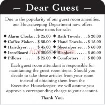 Unbranded - "Dear Guest" Guest Room Amenities Easel (50/Pkg)